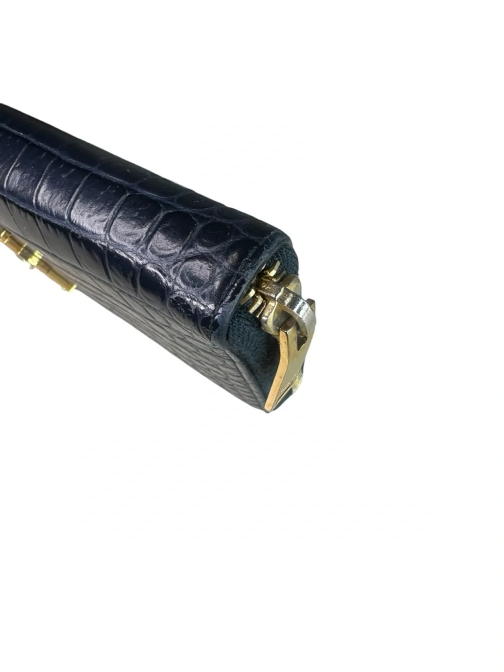 Yves Saint Laurent Navy Croc-Embossed Zip Wallet with Gold YSL Emblem - Picture 5 of 11